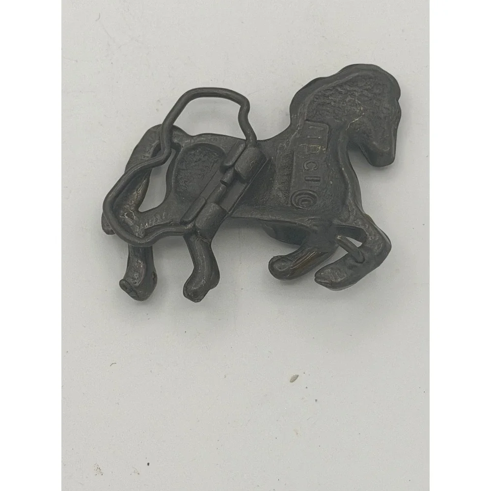 Vintage 1970s MBCI Brass Running Mustang Horse Belt Buckle Enamel Accent USA